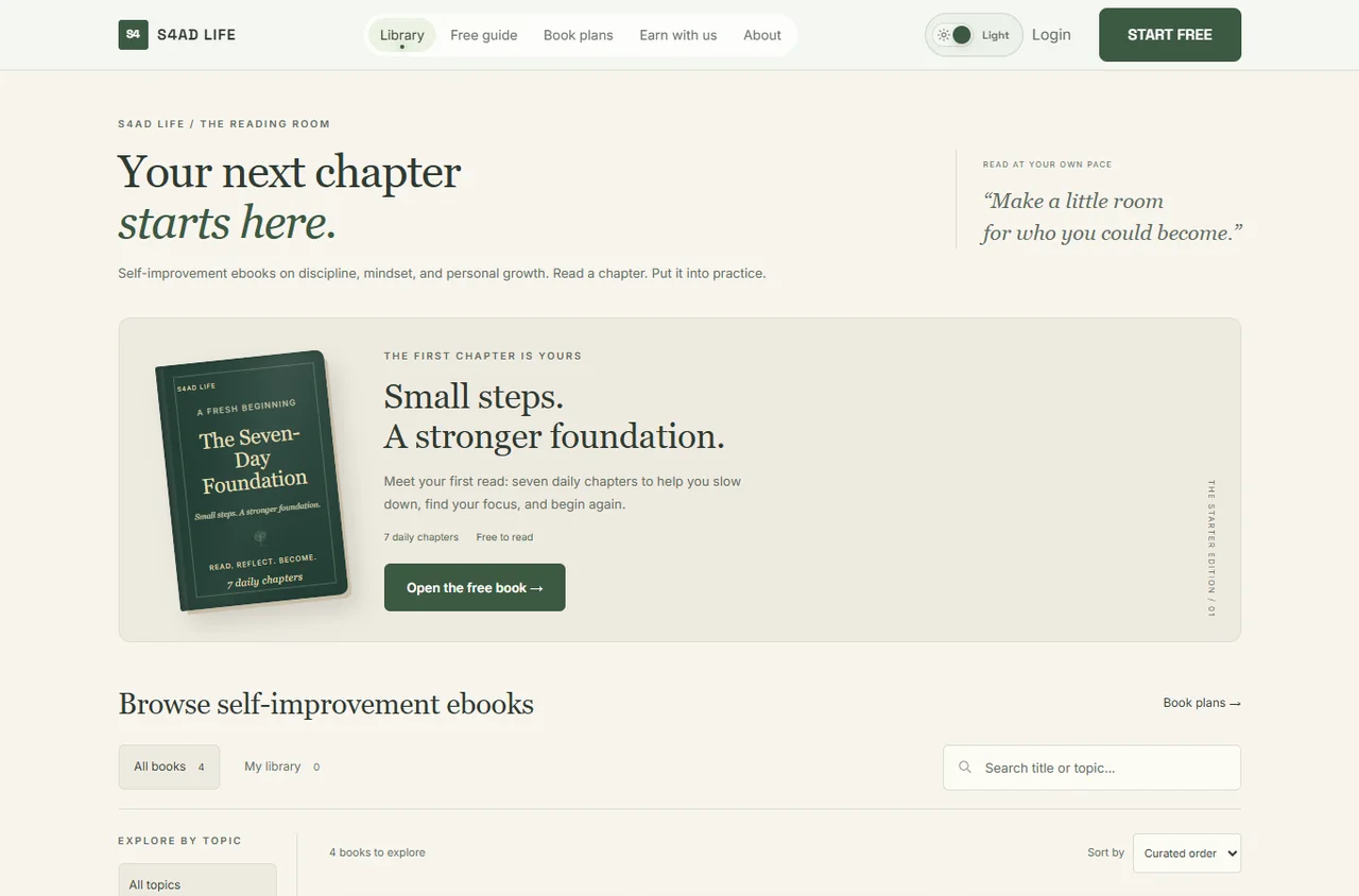 S4AD LIFE homepage with a cream and green reading library and The Seven-Day Foundation free guide