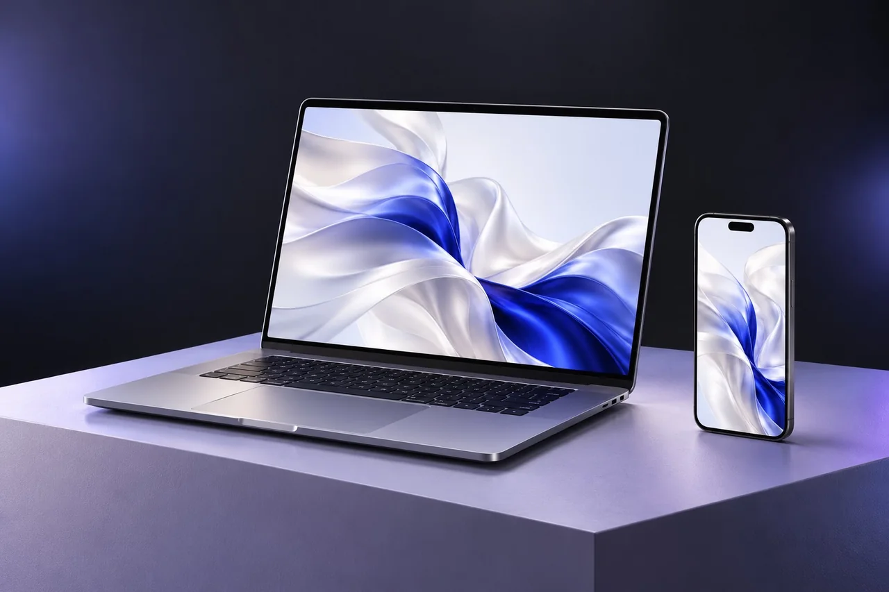 Silver laptop and phone with flowing blue and pearl artwork on a lavender studio plinth